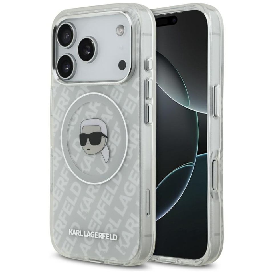 Husa pentru iPhone 17 Pro Max, IML Glitter K&C Heads Logo MagSafe, Clear Mono Karl&Choupette