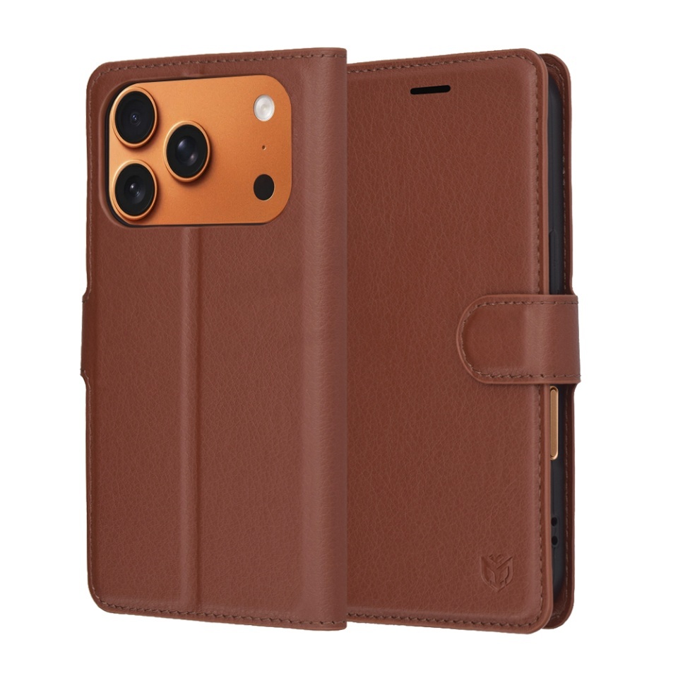 Husa pentru iPhone 17 Pro Max, SKYDDAR INNOVATION, Leather Folio tip Carte, cu Portofel Interior, Finisaje Premium, set cu sticker, Maro