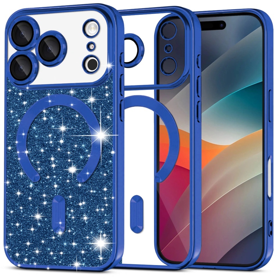 Husa pentru iPhone 17 Pro Max, SKYDDAR INNOVATION, Luxury Glitter Magsafe, Antisoc, Fundal Detasabil 2-in-1, Margini Ridicate, set cu sticker, Albastru
