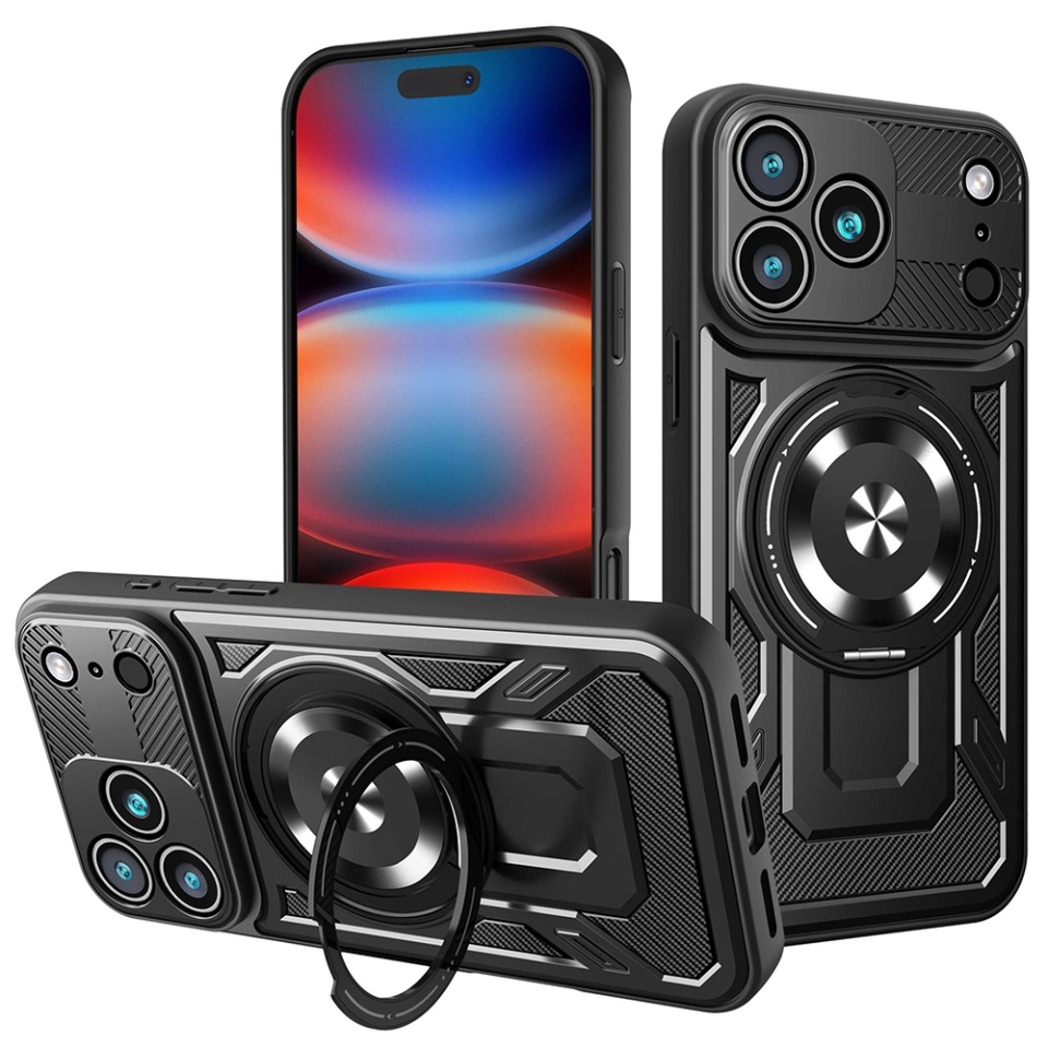 Husa pentru iPhone 17 Pro Max, SKYDDAR INNOVATION, RuggedCam, Inel magnetic antisoc, set cu sticker, Negru