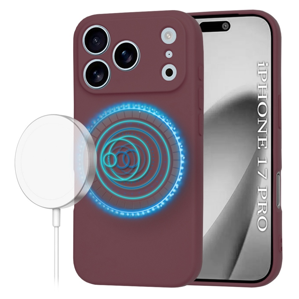 Husa pentru iPhone 17 Pro, SKYDDAR INNOVATION, din Silicon Catifelat, SoftFlex Magsafe, set cu sticker, Bordo