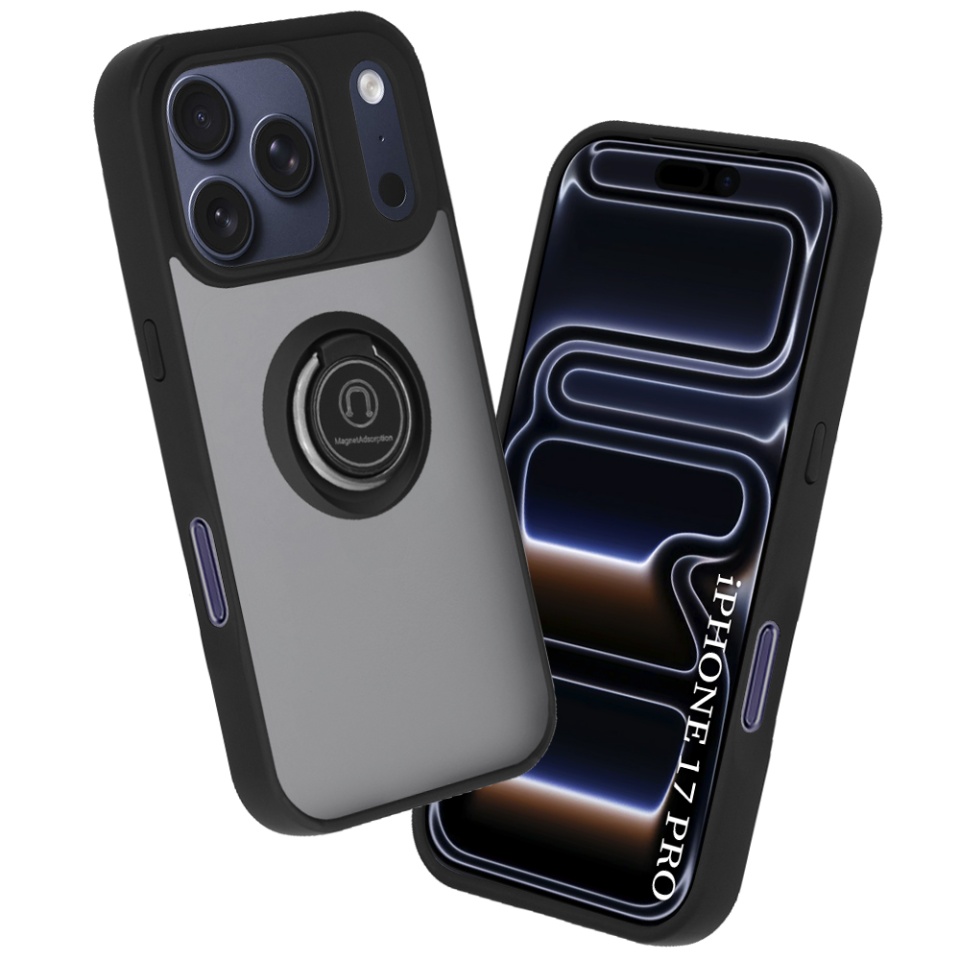 Husa pentru iPhone 17 Pro, SKYDDAR INNOVATION, Glinth cu Inel Rotativ 360° Magnetic, Negru, set cu sticker