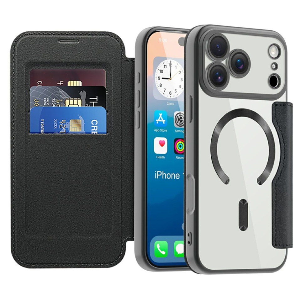 Husa pentru iPhone 17 Pro tip carte, SKYDDAR INOVATION, SmartMag Book, Magsafe, RFiD, Suport Carduri, set cu sticker, Negru