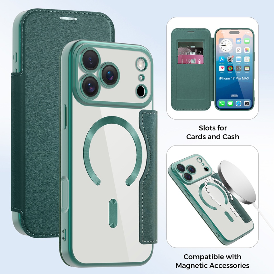 Husa pentru iPhone 17 Pro tip carte, SKYDDAR INOVATION, SmartMag Book, Magsafe, RFiD, Suport Carduri, set cu sticker, Verde - 2 | YEO