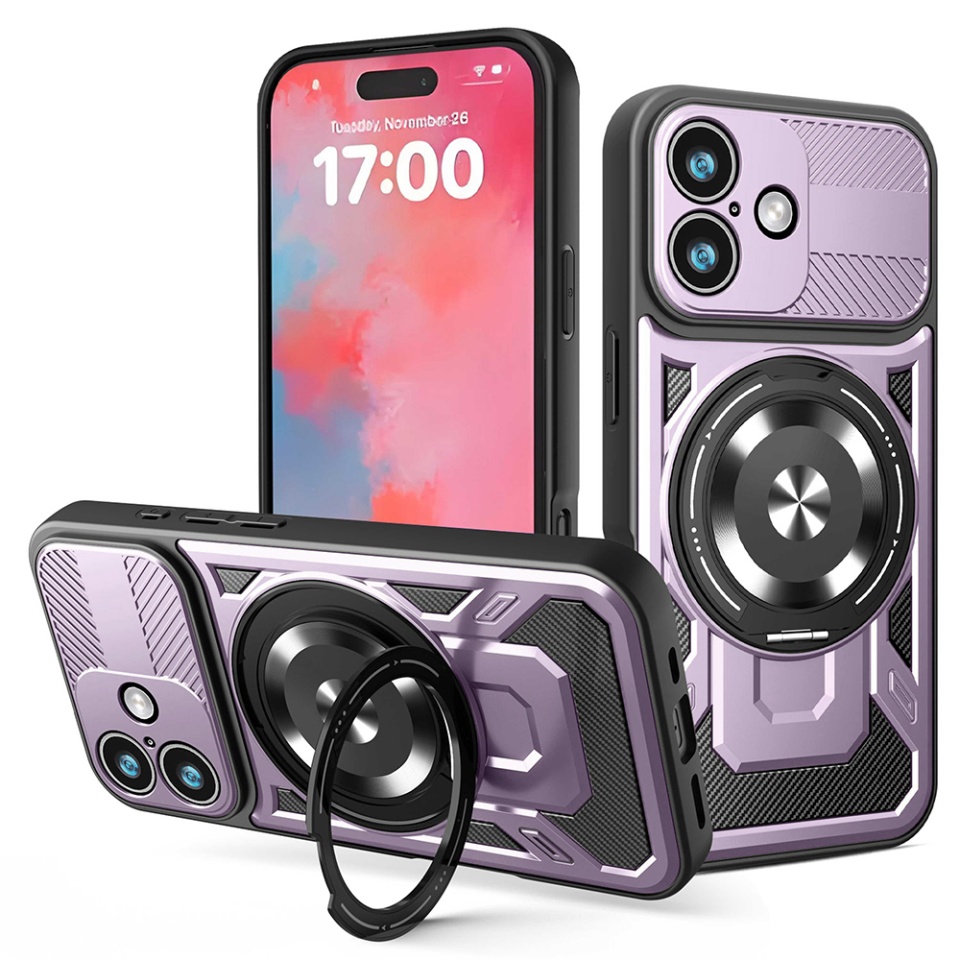 Husa pentru iPhone 17, SKYDDAR INNOVATION, RuggedCam, Inel magnetic antisoc, set cu sticker, Mov