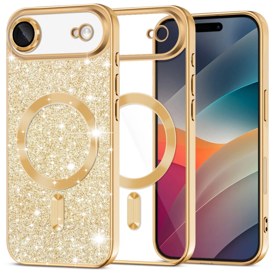 Husa pentru iPhone Air, SKYDDAR INNOVATION, Luxury Glitter Magsafe, Antisoc, Fundal Detasabil 2-in-1, Margini Ridicate, set cu sticker, Auriu