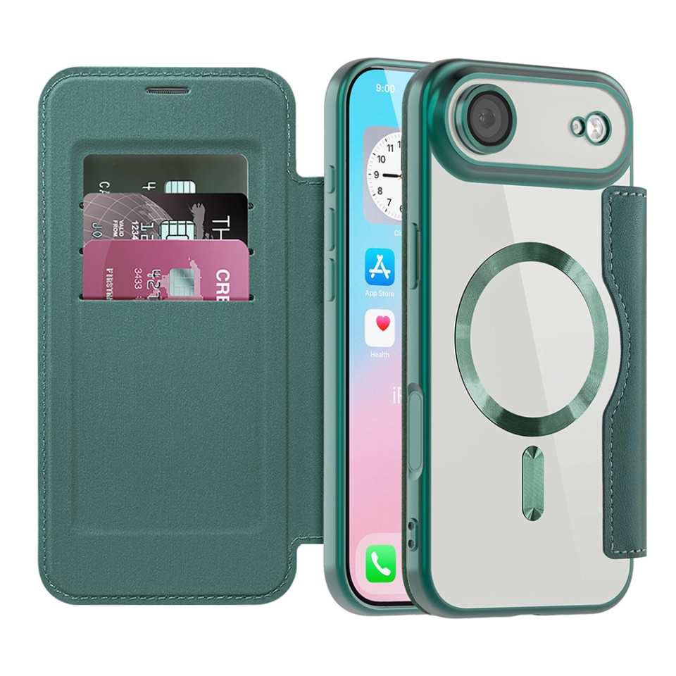 Husa pentru iPhone Air tip carte, SKYDDAR INOVATION, SmartMag Book, Magsafe, RFiD, Suport Carduri, set cu sticker, Verde