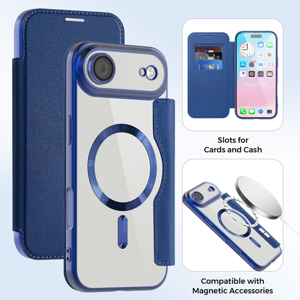 Husa pentru iPhone Air tip carte, SKYDDAR INOVATION, SmartMag Book, Magsafe, RFiD, Suport Carduri, set cu sticker, Albastru - 2 | YEO