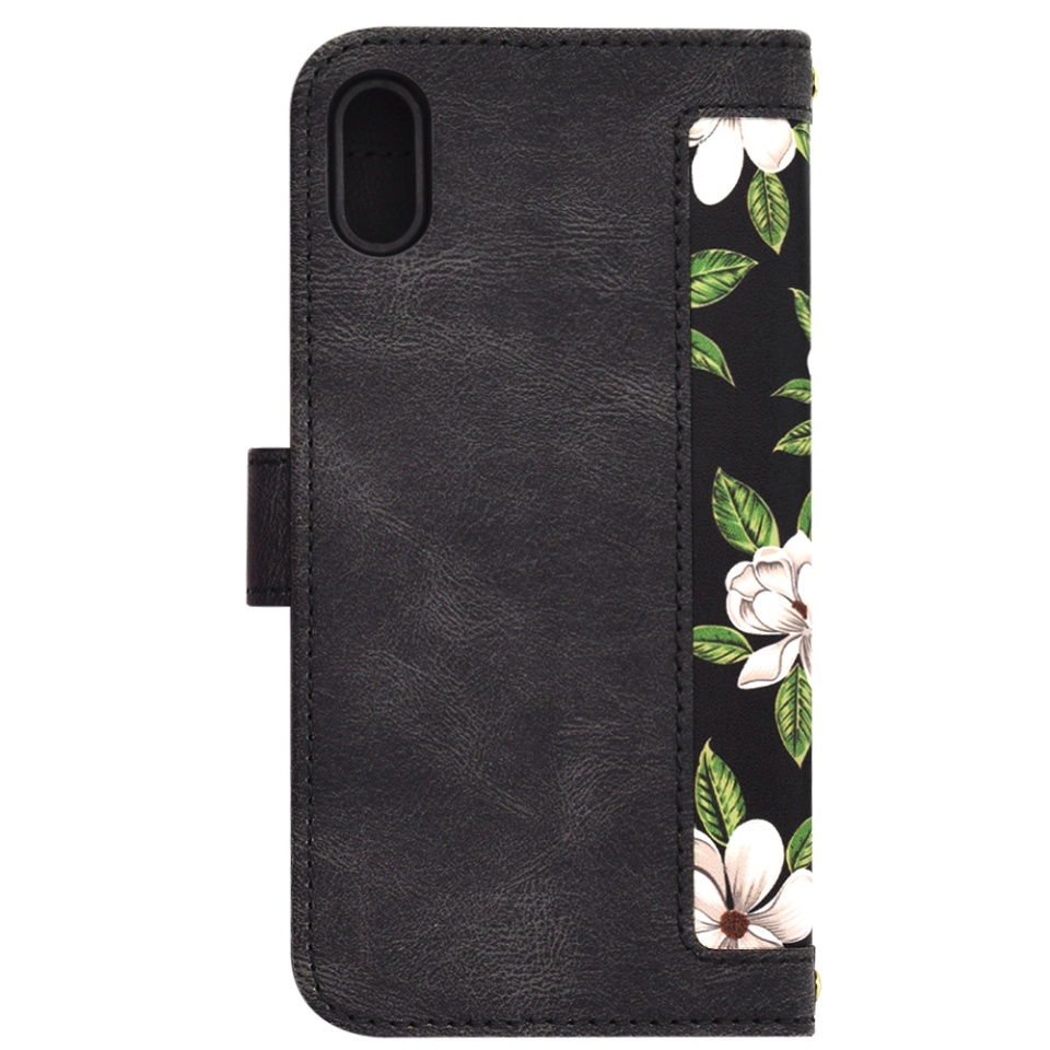 Husa pentru iPhone X, iPhone 10 / XS din Piele Ecologică cu Design Floral, Protecție 360°, Stand Integrat, Buzunare pentru Carduri, SKDR Floral Wallet - Negru - 3 | YEO