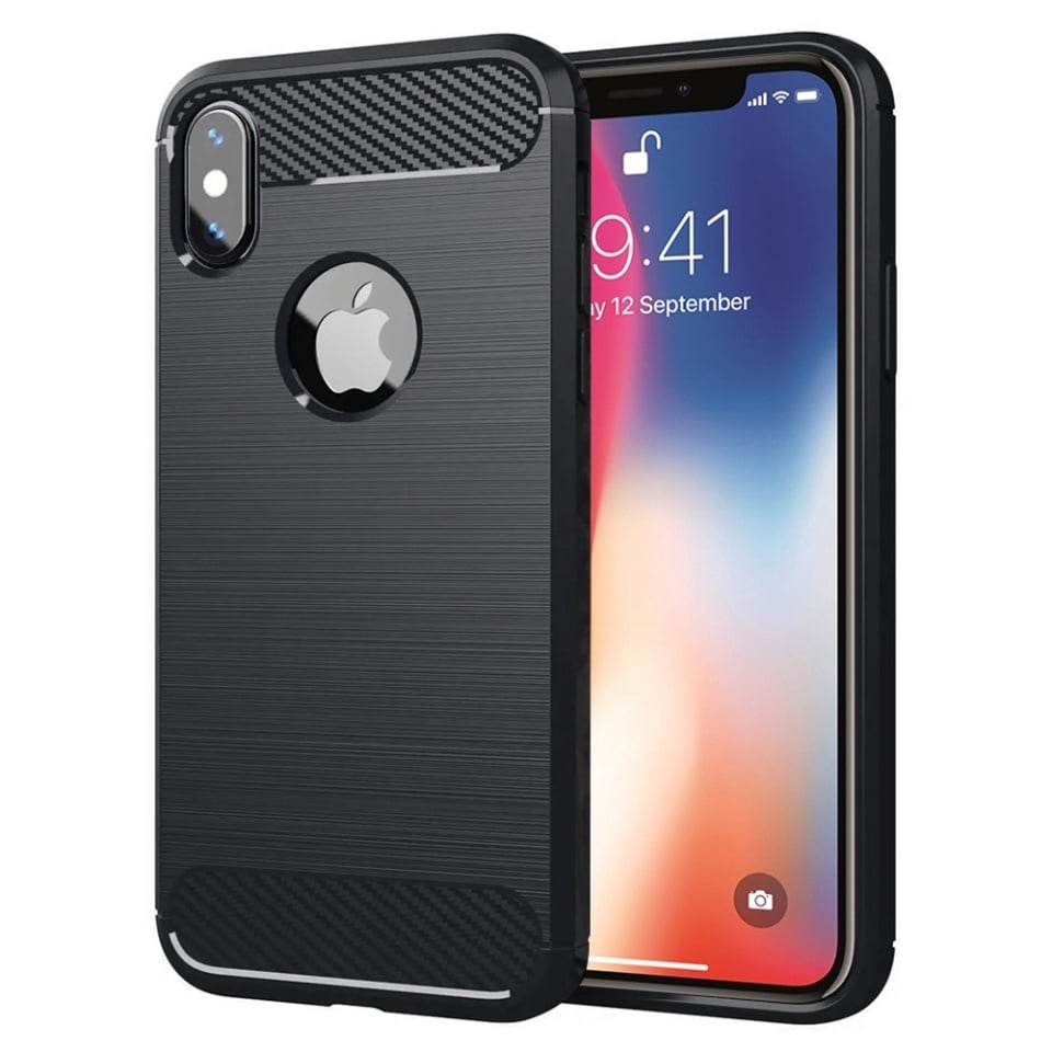 Husa pentru iPhone X, iPhone 10 / XS, SKYDDAR INNOVATION, Carbon Silicone, din Silicon Slim, cu textura Fibra Carbon, set cu sticker, Negru