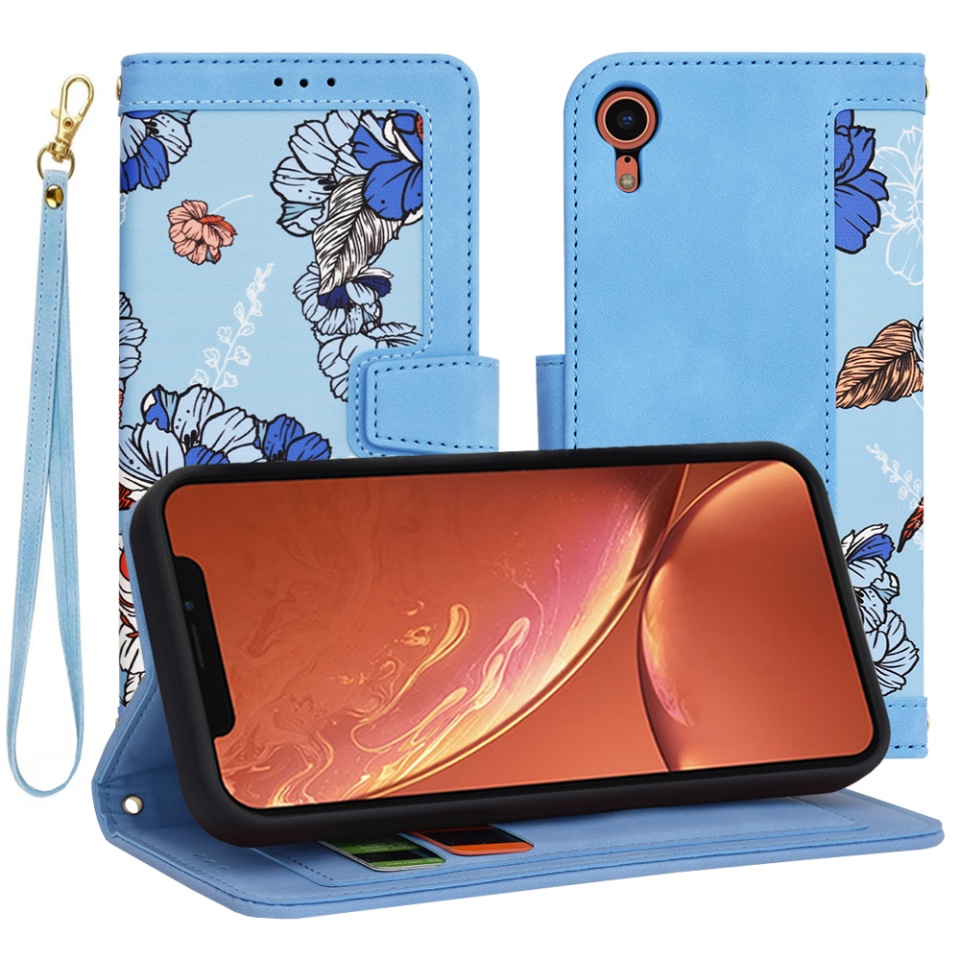 Husa pentru iPhone XR din Piele Ecologică cu Design Floral, Protecție 360°, Stand Integrat, Buzunare pentru Carduri, SKDR Floral Wallet - Bleu