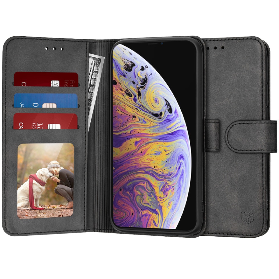 Husa pentru iPhone XS Max, SKYDDAR INNOVATION, Diary Book, tip carte, cu Portofel Interior, Antisoc, Negru, set cu sticker