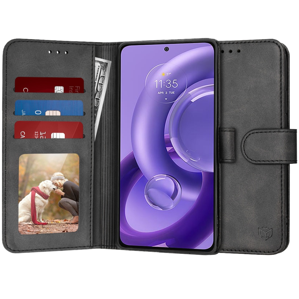 Husa pentru Motorola Edge 30 Neo, SKYDDAR INNOVATION, Diary Book, tip carte, cu Portofel Interior, Antisoc, Negru, set cu sticker