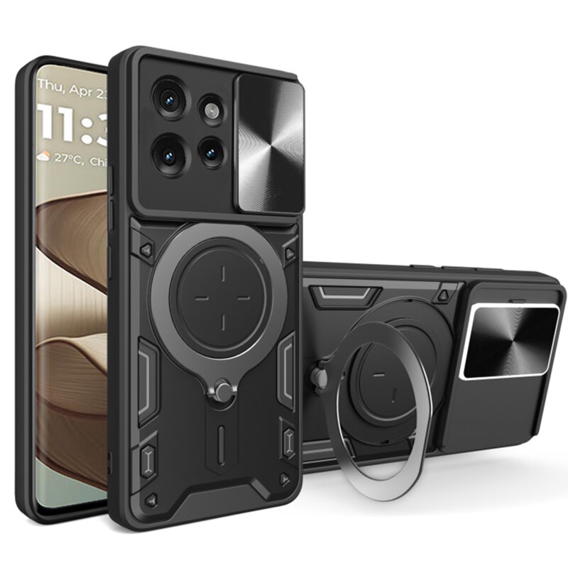 Husa pentru Motorola Edge 50, cu inel magnetic si suport ajustabil, protectie completa camera, SKDR SafeCover - Negru