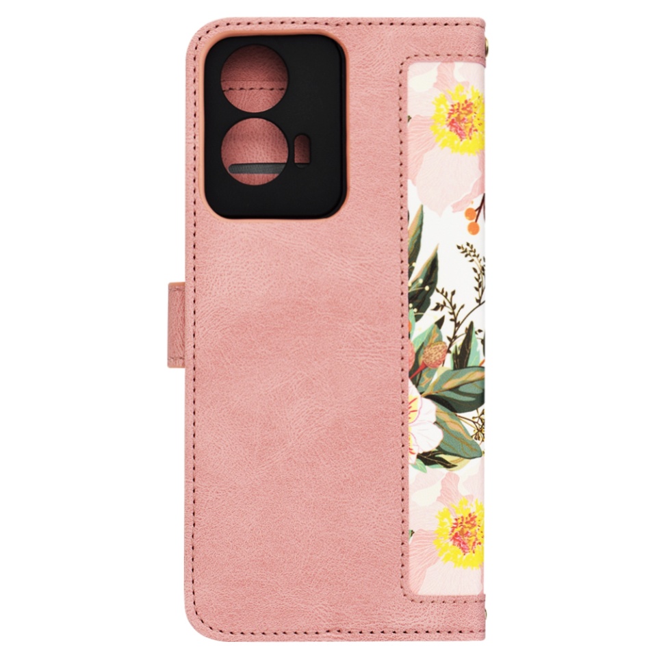 Husa pentru Motorola Moto G04 / Moto G24 / Moto G04s / Moto E14 din Piele Ecologică cu Design Floral, Protecție 360°, Stand Integrat, Buzunare pentru Carduri, SKDR Floral Wallet - Roz - 3 | YEO