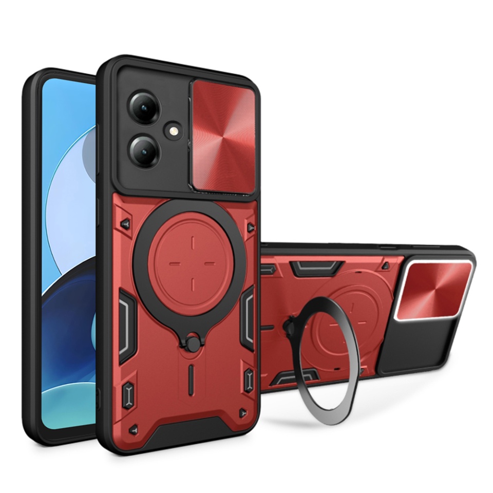 Husa pentru Motorola Moto G14, SKYDDAR INNOVATION, CamGuard Pro, Inel Magnetic, Protectie Camera, set cu sticker, Rosu