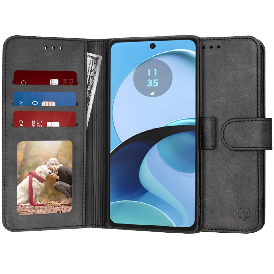 Husa pentru Motorola Moto G14, SKYDDAR INNOVATION, Diary Book, tip carte, cu Portofel Interior, Antisoc, Negru, set cu sticker