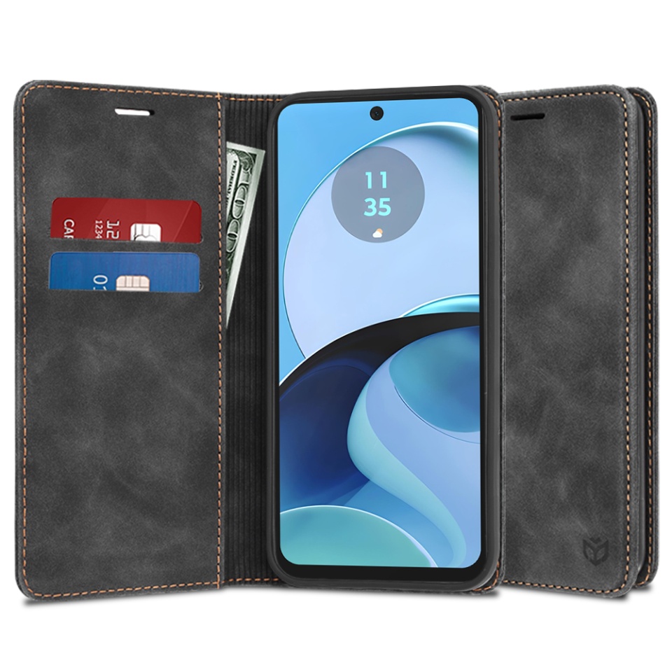 Husa pentru Motorola Moto G14, SKYDDAR INNOVATION, Soft Wallet, tip Carte din piele Eco Premium, cu Portofel Interior, Negru, set cu sticker