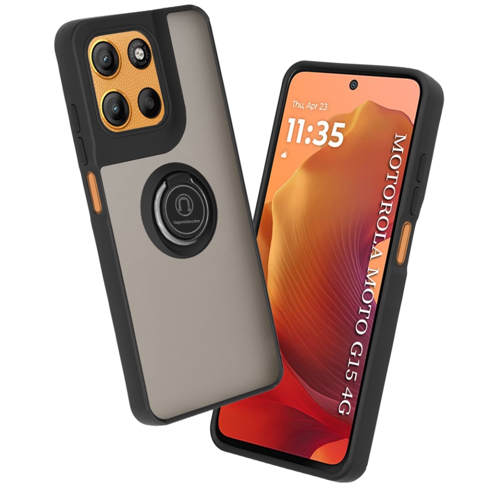 Husa pentru Motorola Moto G15 / Moto G15 Power, SKYDDAR INNOVATION, Glinth cu Inel Rotativ 360° Magnetic, set cu sticker, Negru