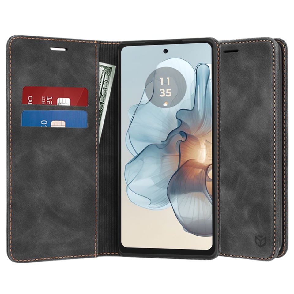 Husa pentru Motorola Moto G24 Power, SKYDDAR INNOVATION, Soft Wallet, tip Carte din piele Eco Premium, cu Portofel Interior, Negru, set cu sticker