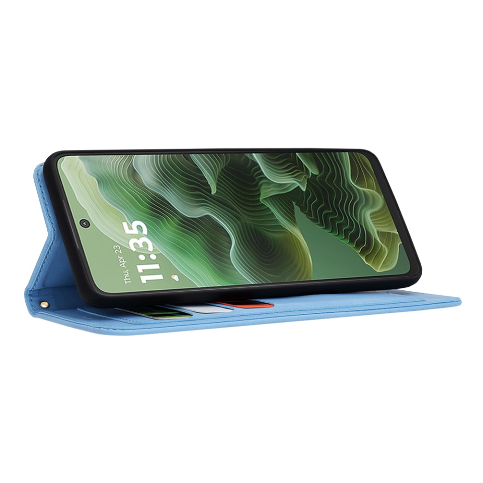 Husa pentru Motorola Moto G35 din Piele Ecologică cu Design Floral, Protecție 360°, Stand Integrat, Buzunare pentru Carduri, SKDR Floral Wallet - Bleu - 3 | YEO