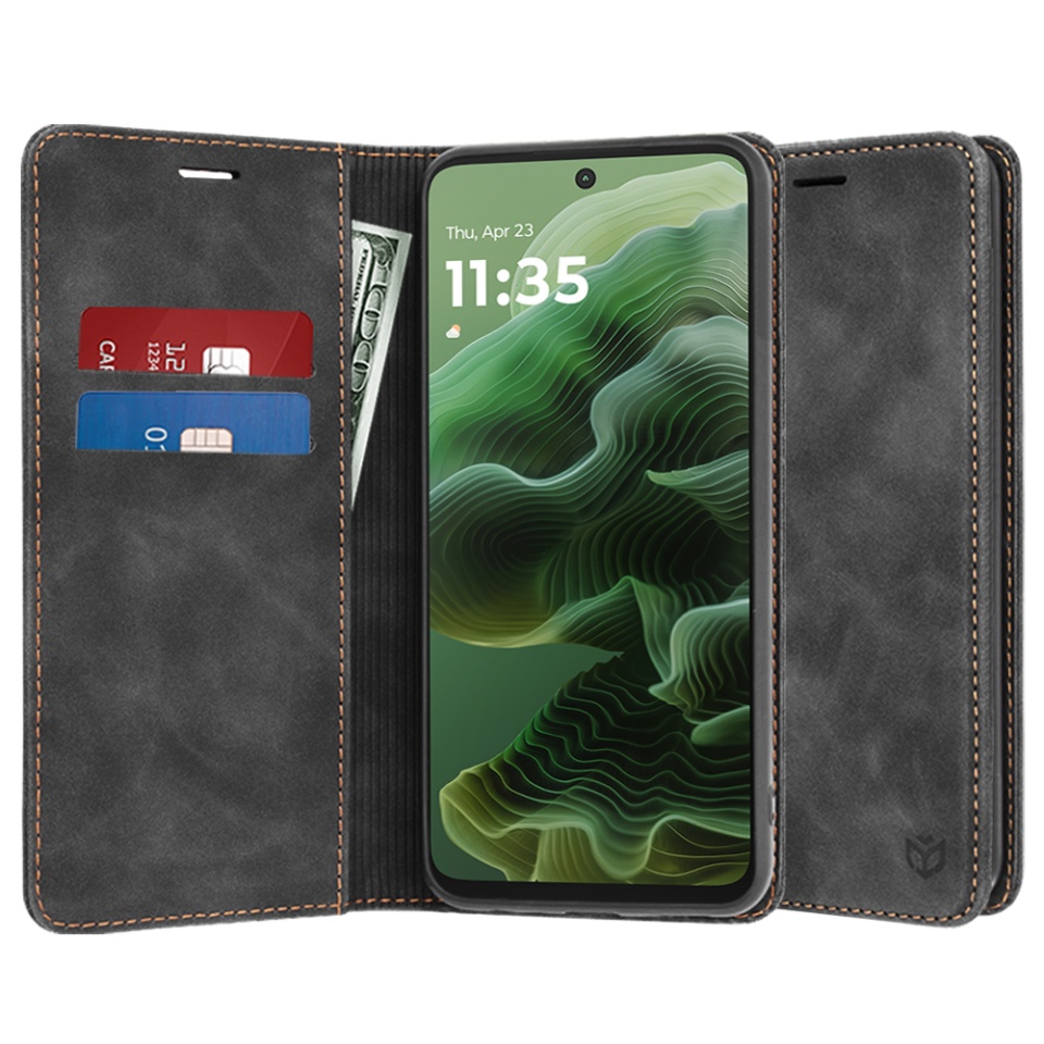 Husa pentru Motorola Moto G35, SKYDDAR INNOVATION, Soft Wallet, tip Carte din piele Eco Premium, cu Portofel Interior, Negru, set cu sticker