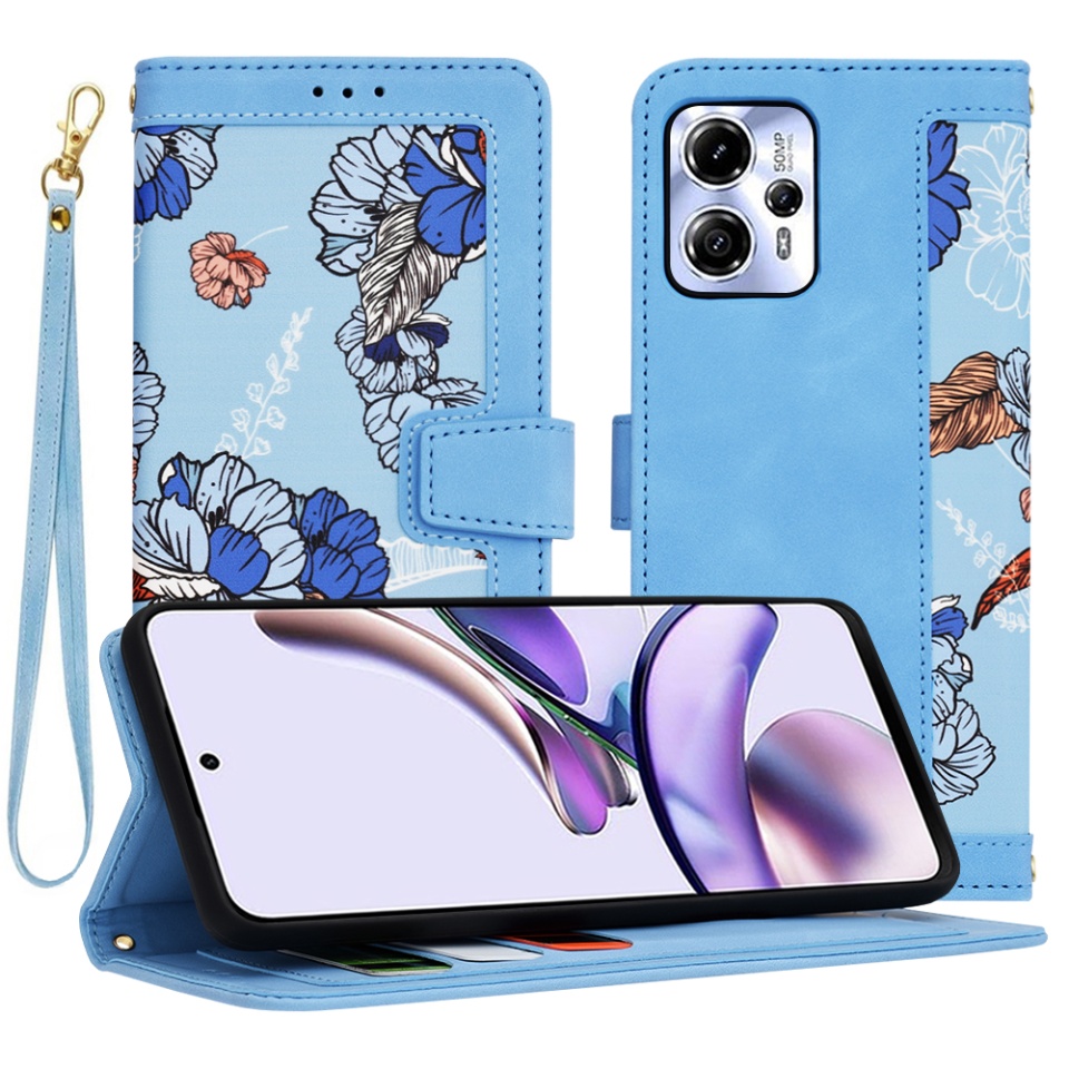 Husa pentru Motorola Moto G53 / Moto G23 / Moto G13 din Piele Ecologică cu Design Floral, Protecție 360°, Stand Integrat, Buzunare pentru Carduri, SKDR Floral Wallet - Bleu