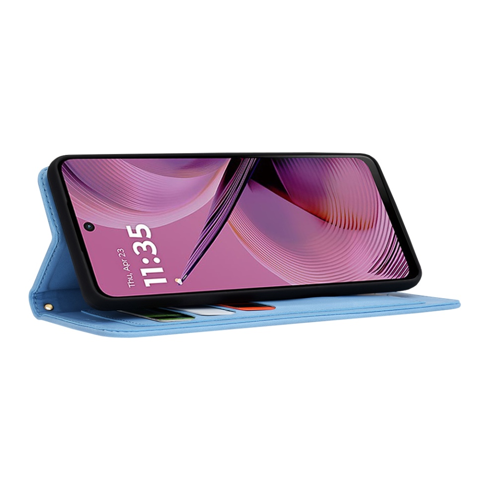 Husa pentru Motorola Moto G55 din Piele Ecologică cu Design Floral, Protecție 360°, Stand Integrat, Buzunare pentru Carduri, SKDR Floral Wallet - Bleu - 3 | YEO