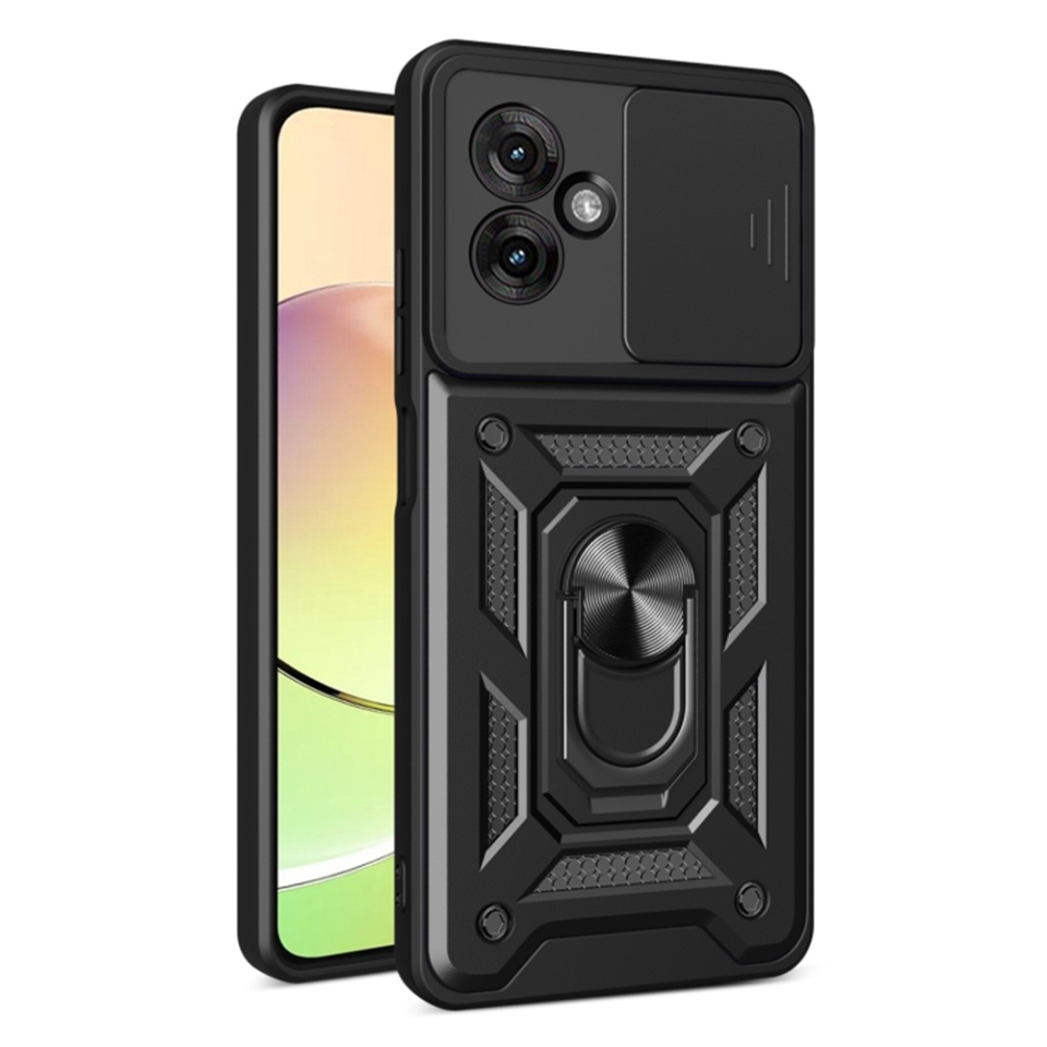 Husa pentru Motorola Moto G55, SKYDDAR INNOVATION, CamShield, Inel magnetic, set cu sticker, Negru