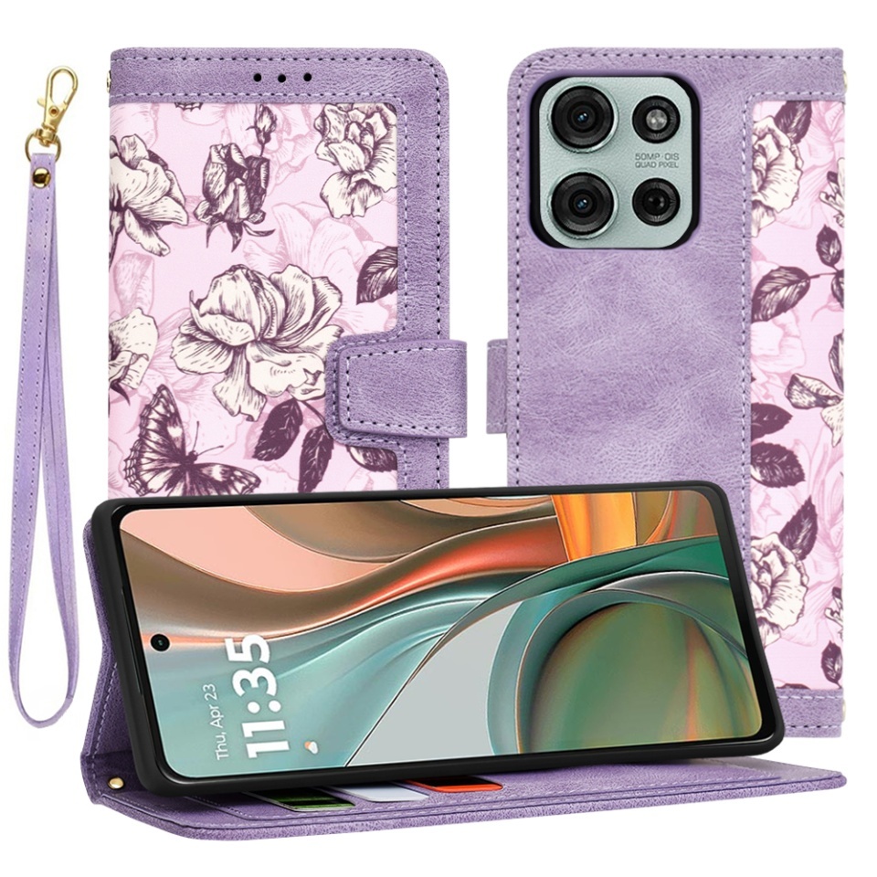 Husa pentru Motorola Moto G75, SKYDDAR INNOVATION, Flipcraft din Piele Ecologică, Stand Integrat, Buzunare pentru Carduri, set cu sticker, Mov