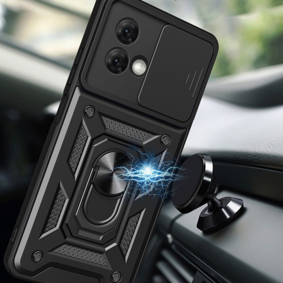 Husa pentru Motorola Moto G84, SKYDDAR INNOVATION, CamShield, Inel magnetic, set cu sticker, Negru - 3 | YEO