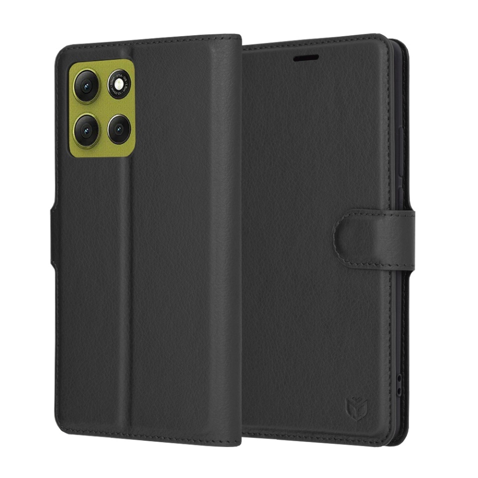 Husa pentru Motorola Moto G86, SKYDDAR INNOVATION, Leather Folio tip Carte, cu Portofel Interior, Finisaje Premium, set cu sticker, Negru