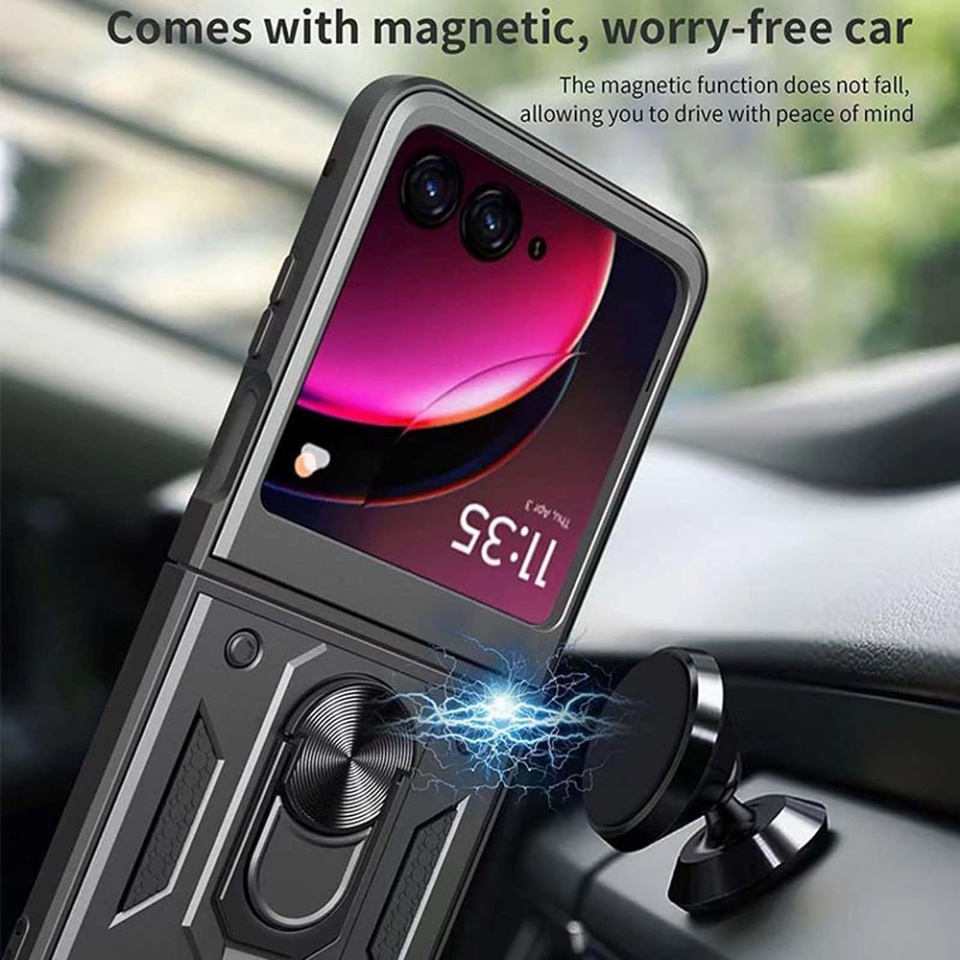Husa pentru Motorola Razr 50 / Razr 60, SKYDDAR INNOVATION, CamShield, Inel magnetic, set cu sticker, Negru - 3 | YEO