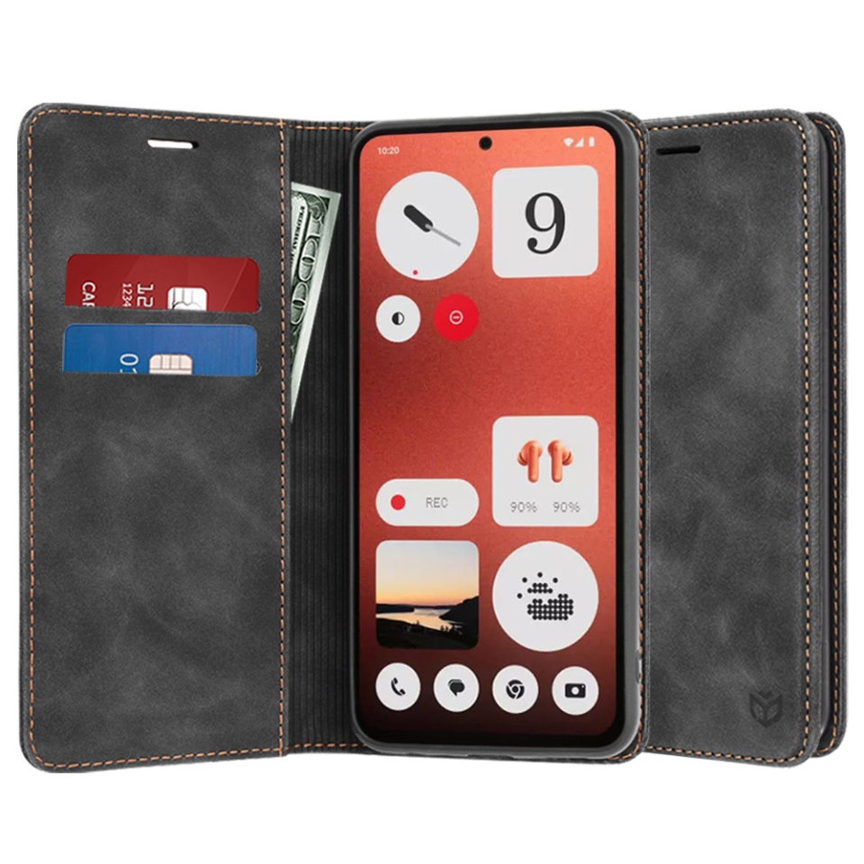 Husa pentru Nothing CMF Phone 1, SKYDDAR INNOVATION, Soft Wallet, tip Carte din piele Eco Premium, cu Portofel Interior, Negru, set cu sticker