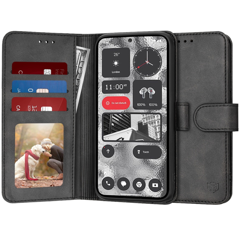 Husa pentru Nothing Phone (2), SKYDDAR INNOVATION, Diary Book, tip carte, cu Portofel Interior, Antisoc, Negru, set cu sticker