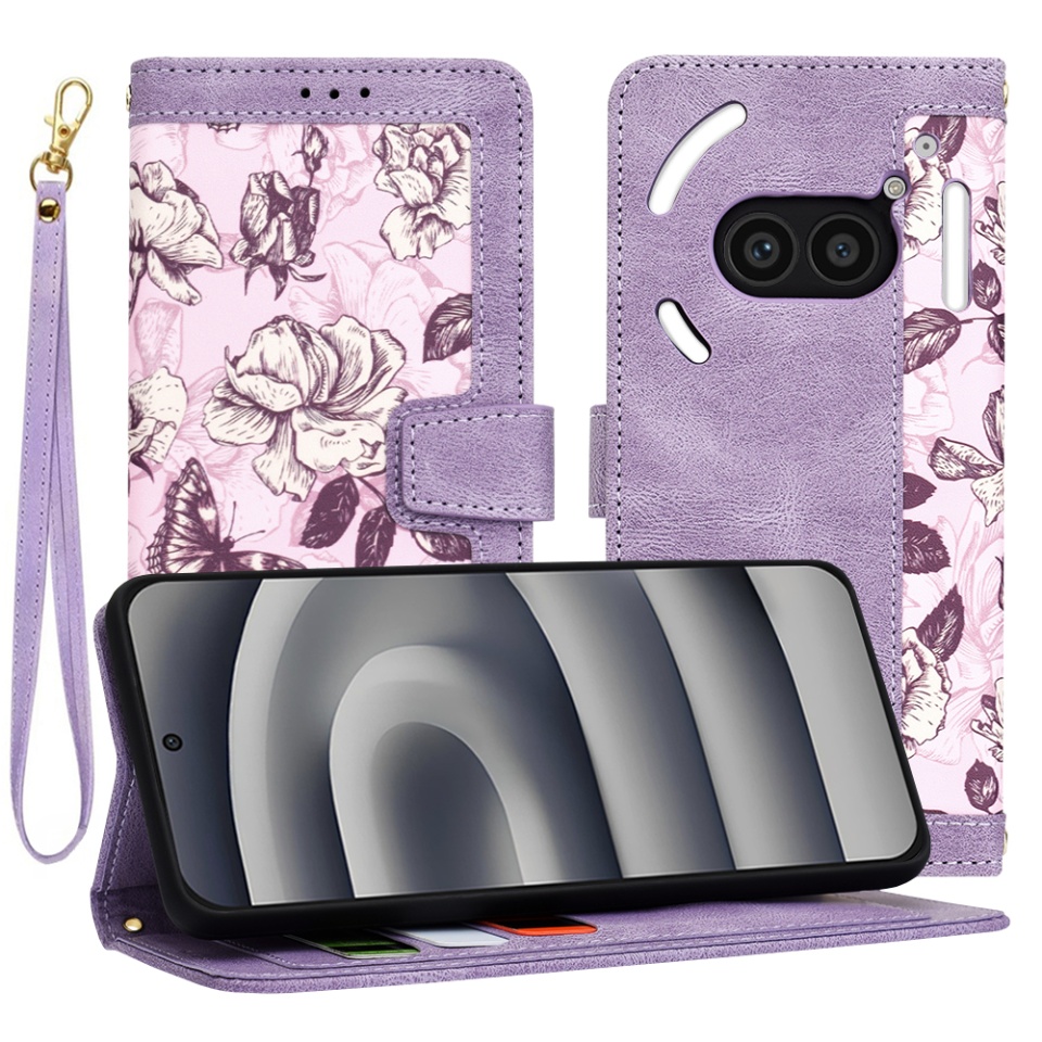 Husa pentru Nothing Phone (2a) din Piele Ecologică cu Design Floral, Protecție 360°, Stand Integrat, Buzunare pentru Carduri, SKDR Floral Wallet - Mov