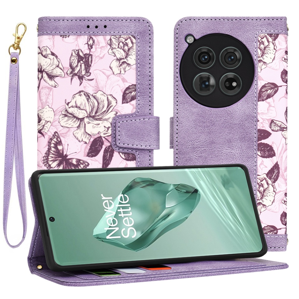 Husa pentru OnePlus 12 din Piele Ecologică cu Design Floral, Protecție 360°, Stand Integrat, Buzunare pentru Carduri, SKDR Floral Wallet - Mov