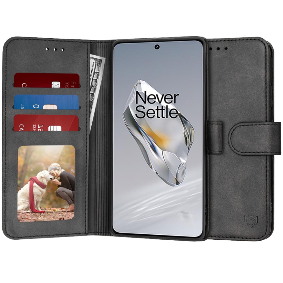 Husa pentru OnePlus 12, SKYDDAR INNOVATION, Diary Book, tip carte, cu Portofel Interior, Antisoc, Negru, set cu sticker