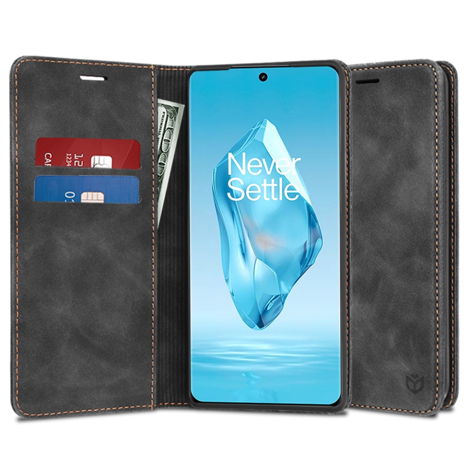 Husa pentru OnePlus 12R, SKYDDAR INNOVATION, Soft Wallet, tip Carte din piele Eco Premium, cu Portofel Interior, Negru, set cu sticker