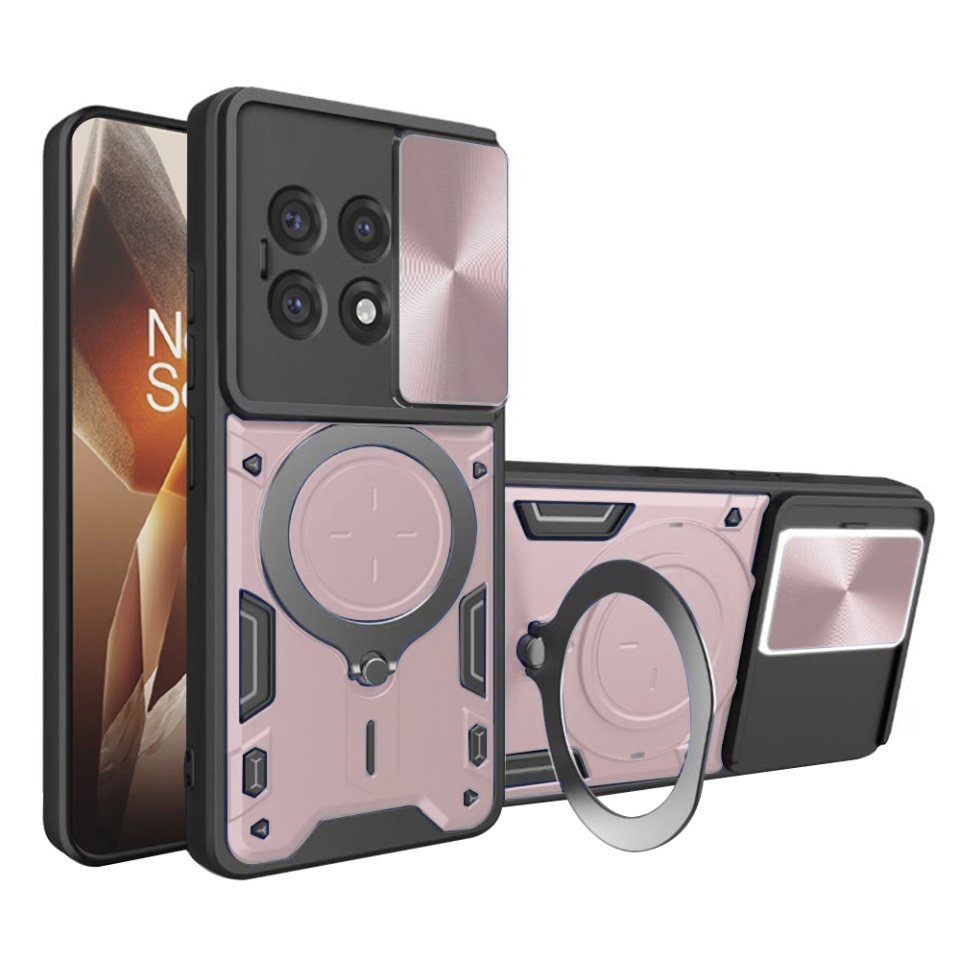 Husa pentru OnePlus 13R, cu inel magnetic si suport ajustabil, protectie completa camera, SafeCover cu sticker - Roz auriu