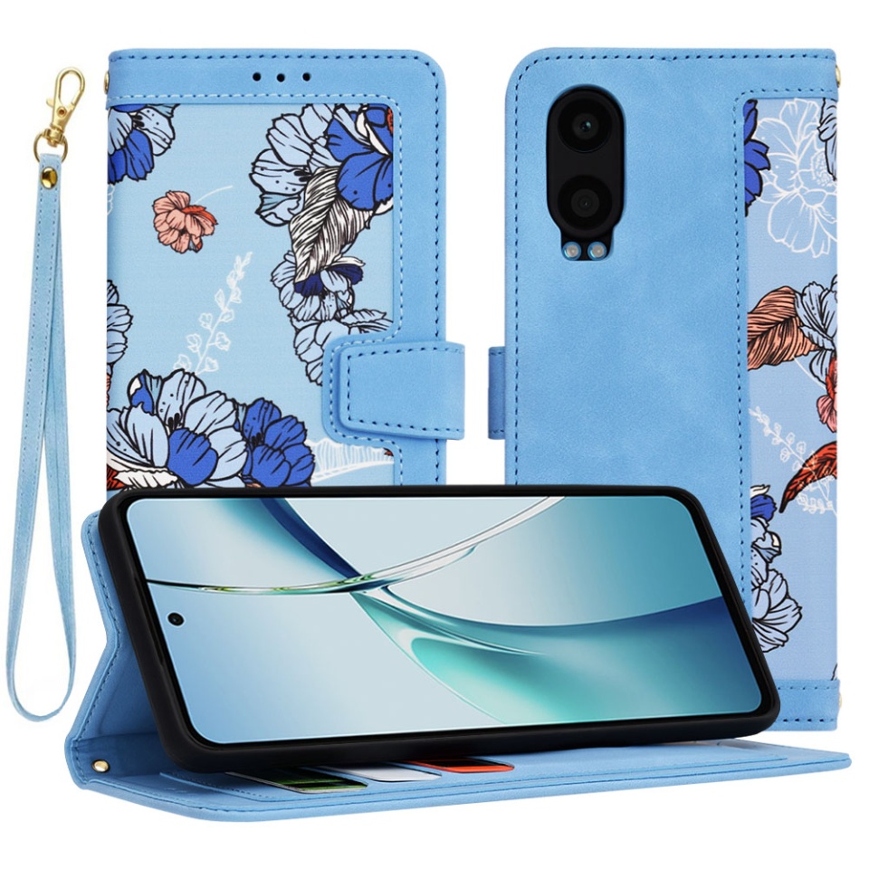 Husa pentru OnePlus Nord CE4 Lite din Piele Ecologică cu Design Floral, Protecție 360°, Stand Integrat, Buzunare pentru Carduri, SKDR Floral Wallet - Bleu