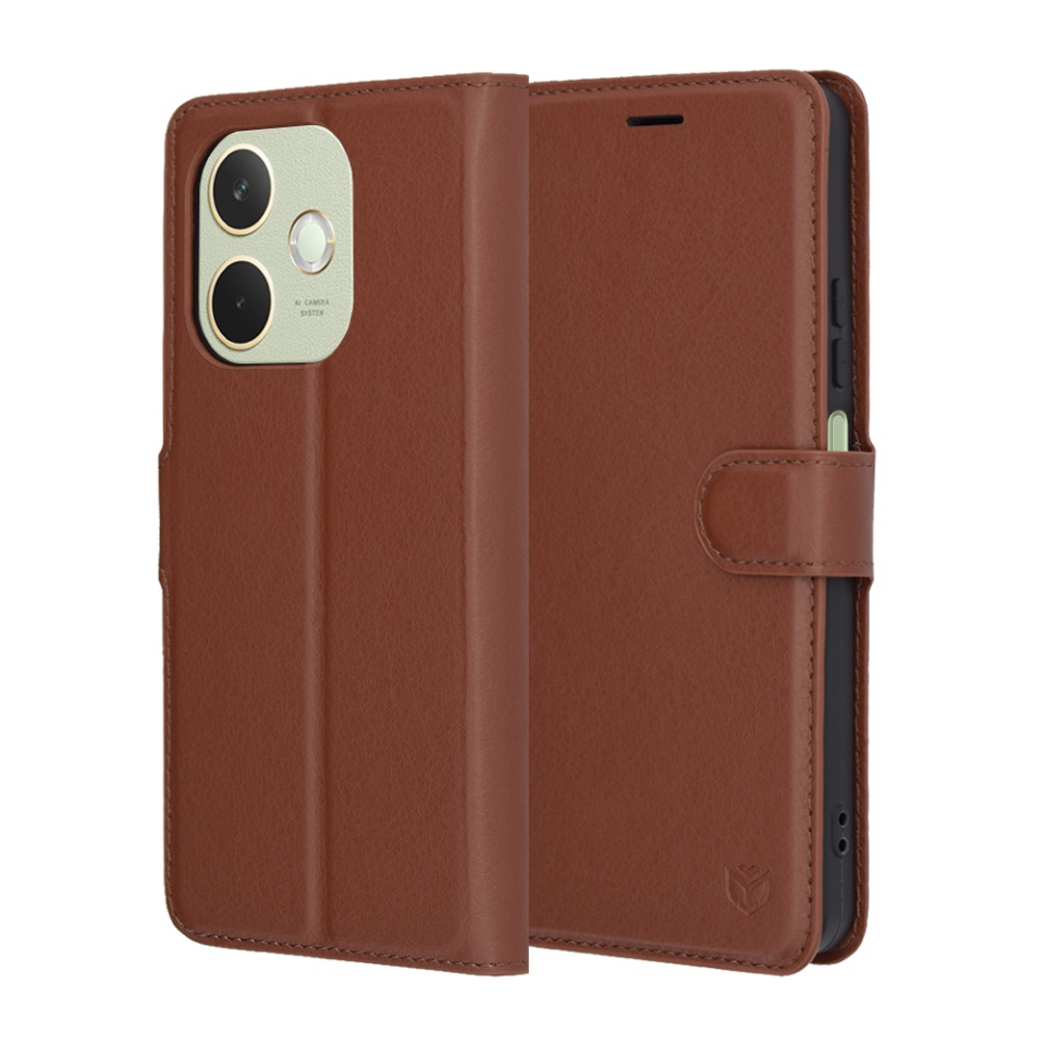 Husa pentru Oppo A5 Pro 5G / A5 Pro 4G, SKYDDAR INNOVATION, Leather Folio, tip Carte, cu Portofel Interior, Finisaje Premium, Maro, set cu sticker