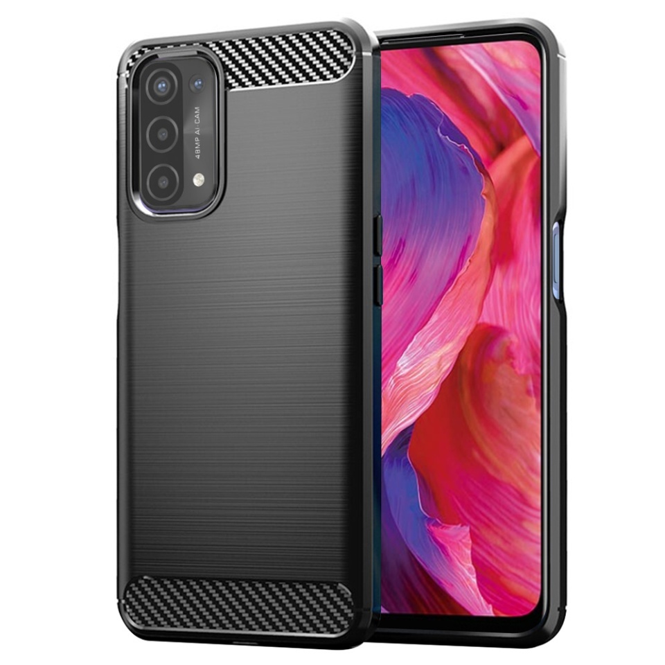 Husa pentru Oppo A54 5G / A74 5G / OnePlus Nord N200 5G, SKYDDAR INNOVATION, Carbon Silicone, din Silicon Slim, cu textura Fibra Carbon, set cu sticker, Negru