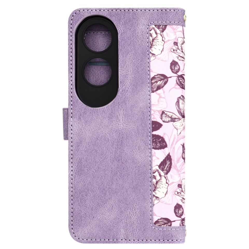 Husa pentru Oppo A60 din Piele Ecologică cu Design Floral, Protecție 360°, Stand Integrat, Buzunare pentru Carduri, SKDR Floral Wallet - Mov - 2 | YEO