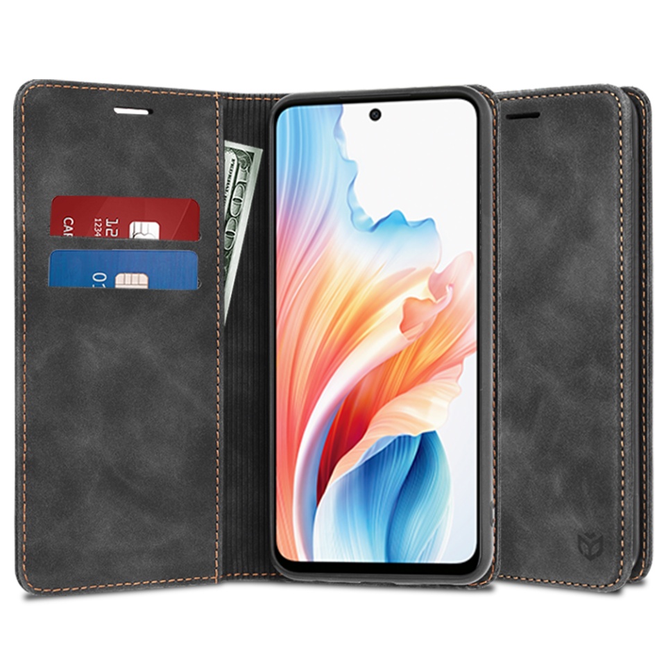 Husa pentru Oppo A79 5G / OnePlus Nord N30 SE, SKYDDAR INNOVATION, Soft Wallet, tip Carte din piele Eco Premium, cu Portofel Interior, Negru, set cu sticker