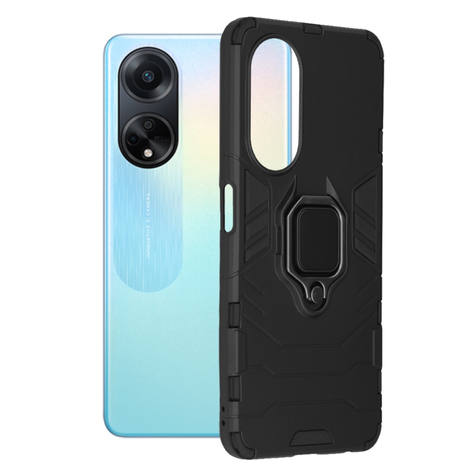 Husa pentru Oppo A98 5G, SKYDDAR INNOVATION, Silicone Shield, cu Inel Magnetic, Antisoc, set cu sticker, Negru