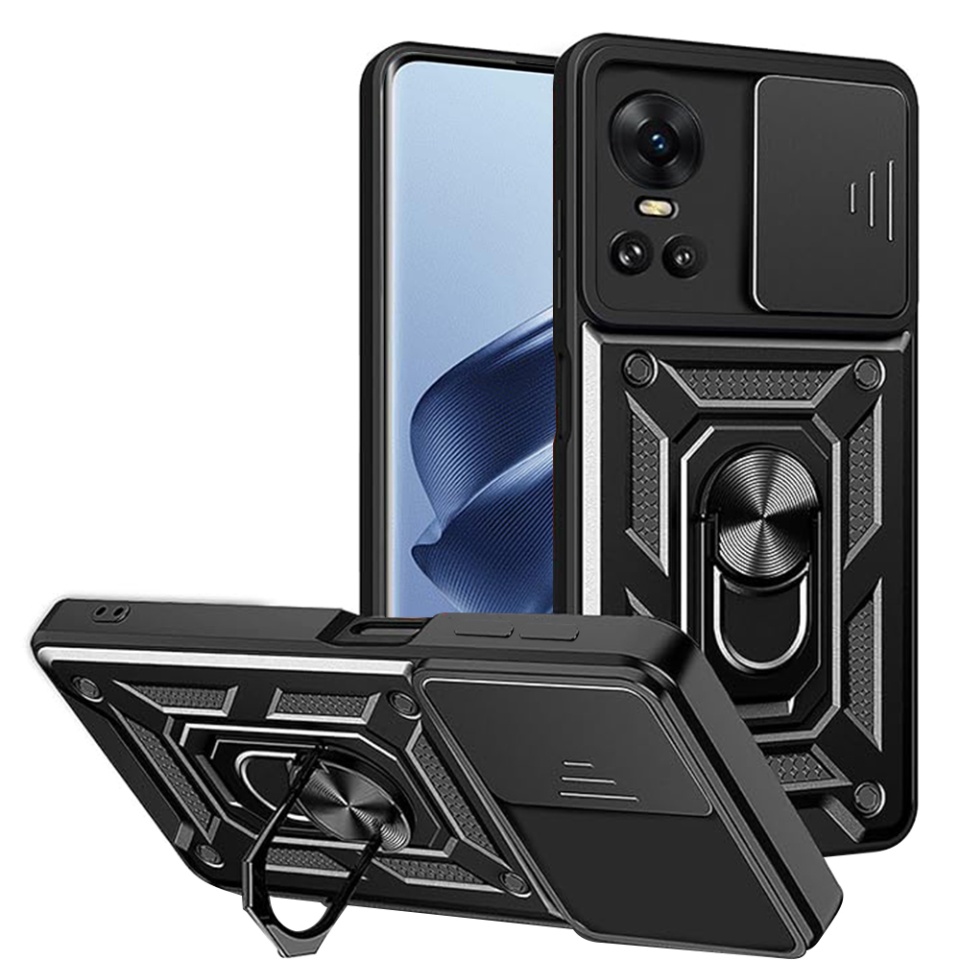 Husa pentru Oppo Reno10 / Reno10 Pro, SKYDDAR INNOVATION, CamShield, Inel magnetic, set cu sticker, Negru