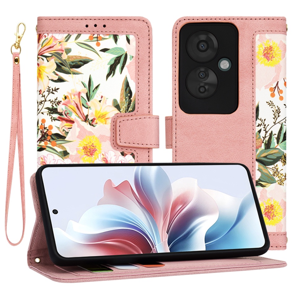 Husa pentru Oppo Reno11 F din Piele Ecologică cu Design Floral, Protecție 360°, Stand Integrat, Buzunare pentru Carduri, SKDR Floral Wallet - Roz