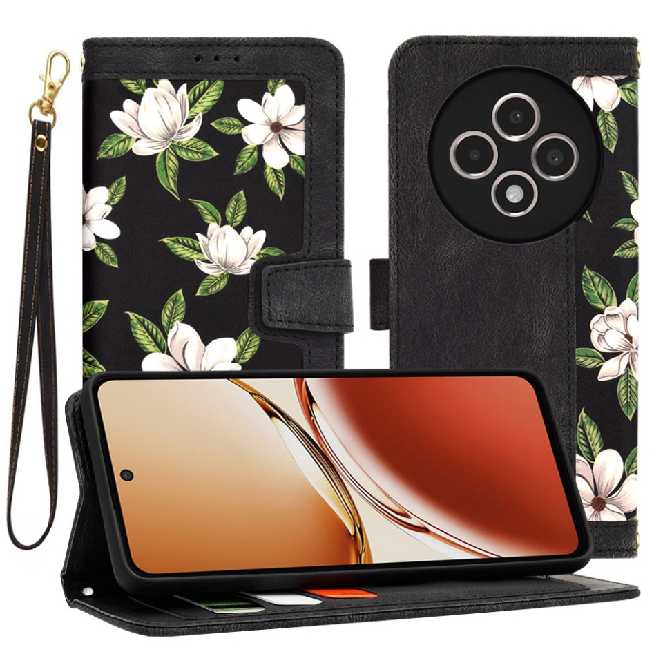 Husa pentru Oppo Reno12 F 5G / Reno12 FS / Reno12 F 4G din Piele Ecologică cu Design Floral, Protecție 360°, Stand Integrat, Buzunare pentru Carduri, SKDR Floral Wallet - Negru