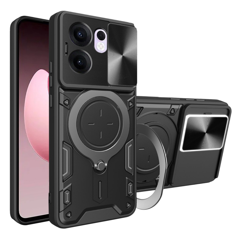 Husa pentru Oppo Reno13 F 4G / Reno13 F 5G / Reno13 FS 5G, SKYDDAR INNOVATION, SafeCover cu Inel Magnetic, Protectie Camera, set cu sticker, Negru